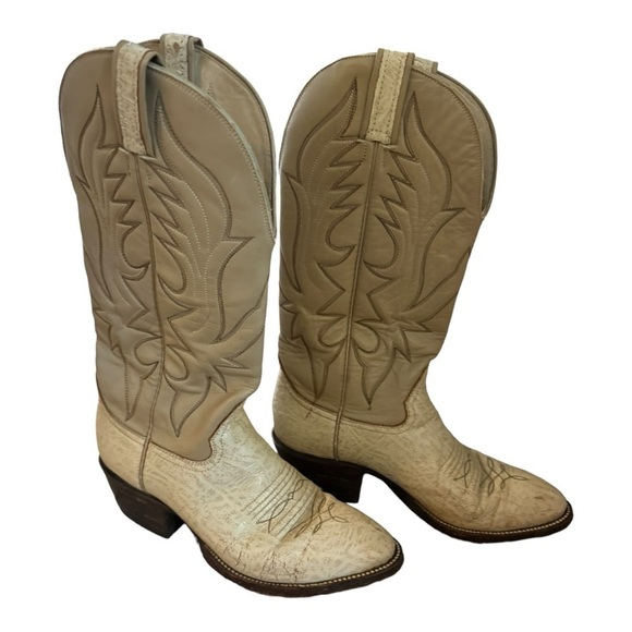 Shoes - Hondo Cream Leather Cowboy Western Boots Men's  Size 6.5 Women's 8.5